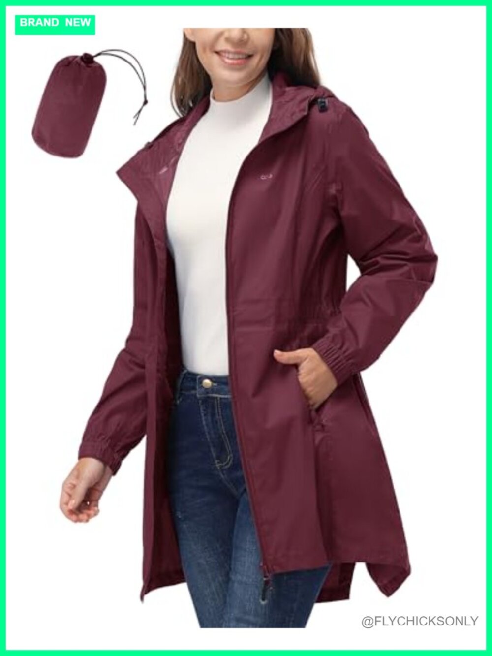 Women's Waterproof Packable Long Rain Jacket with Hood